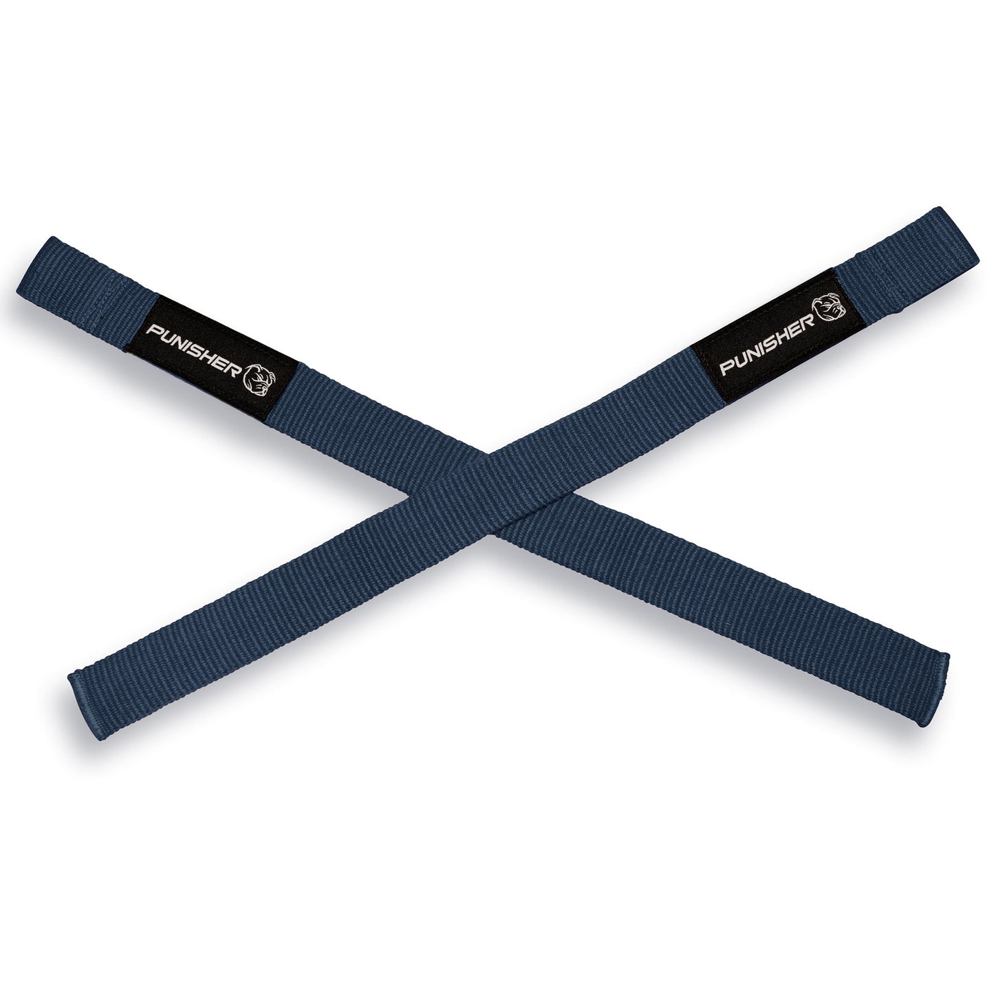 Navy blue padless lifting straps crossed flat
