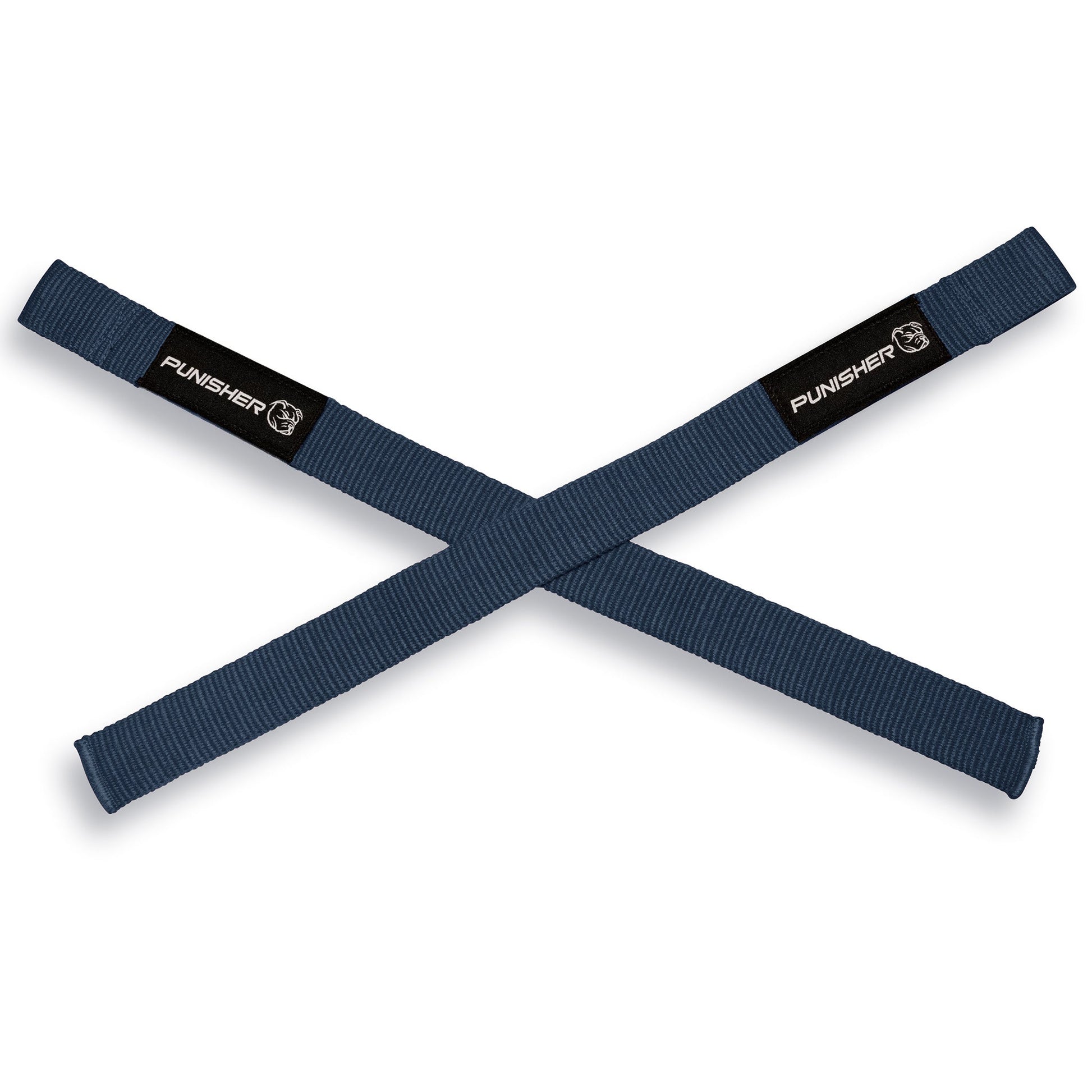 Navy blue padless lifting straps crossed flat