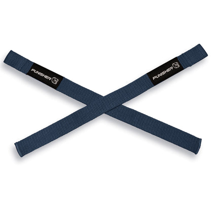 Navy blue padless lifting straps crossed flat