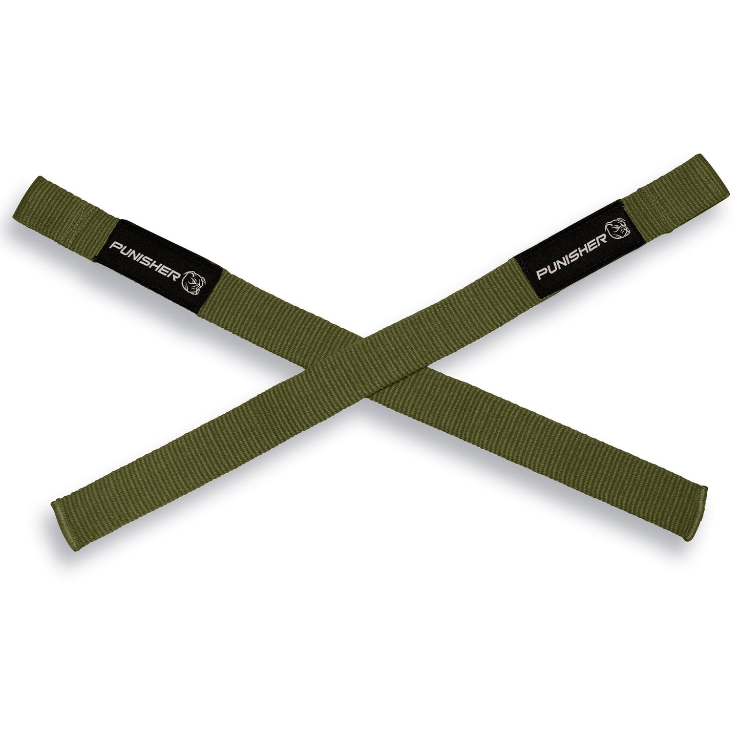 Combat green padless lifting straps crossed flat