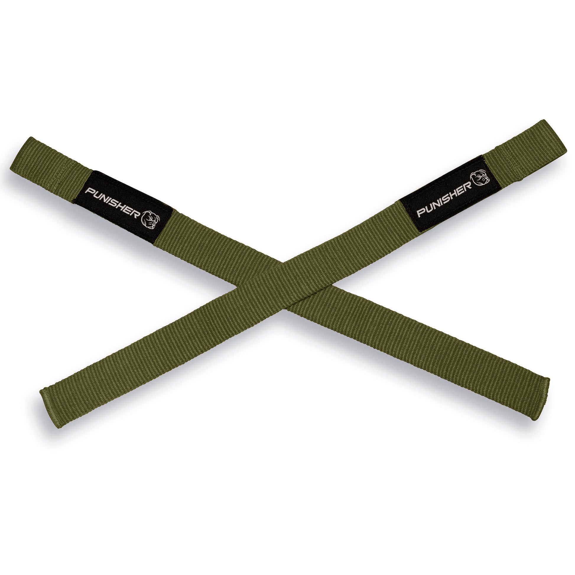 Combat green padless lifting straps crossed flat